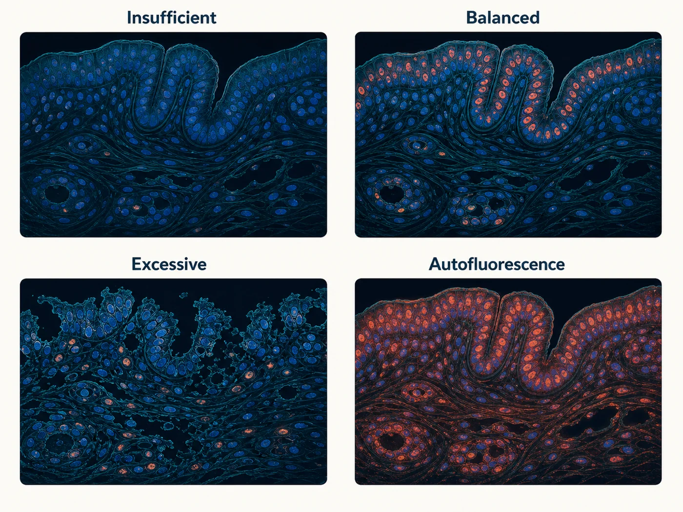 Matched tissue panels comparing insufficient retrieval, balanced retrieval, excessive retrieval damage, and autofluorescence.