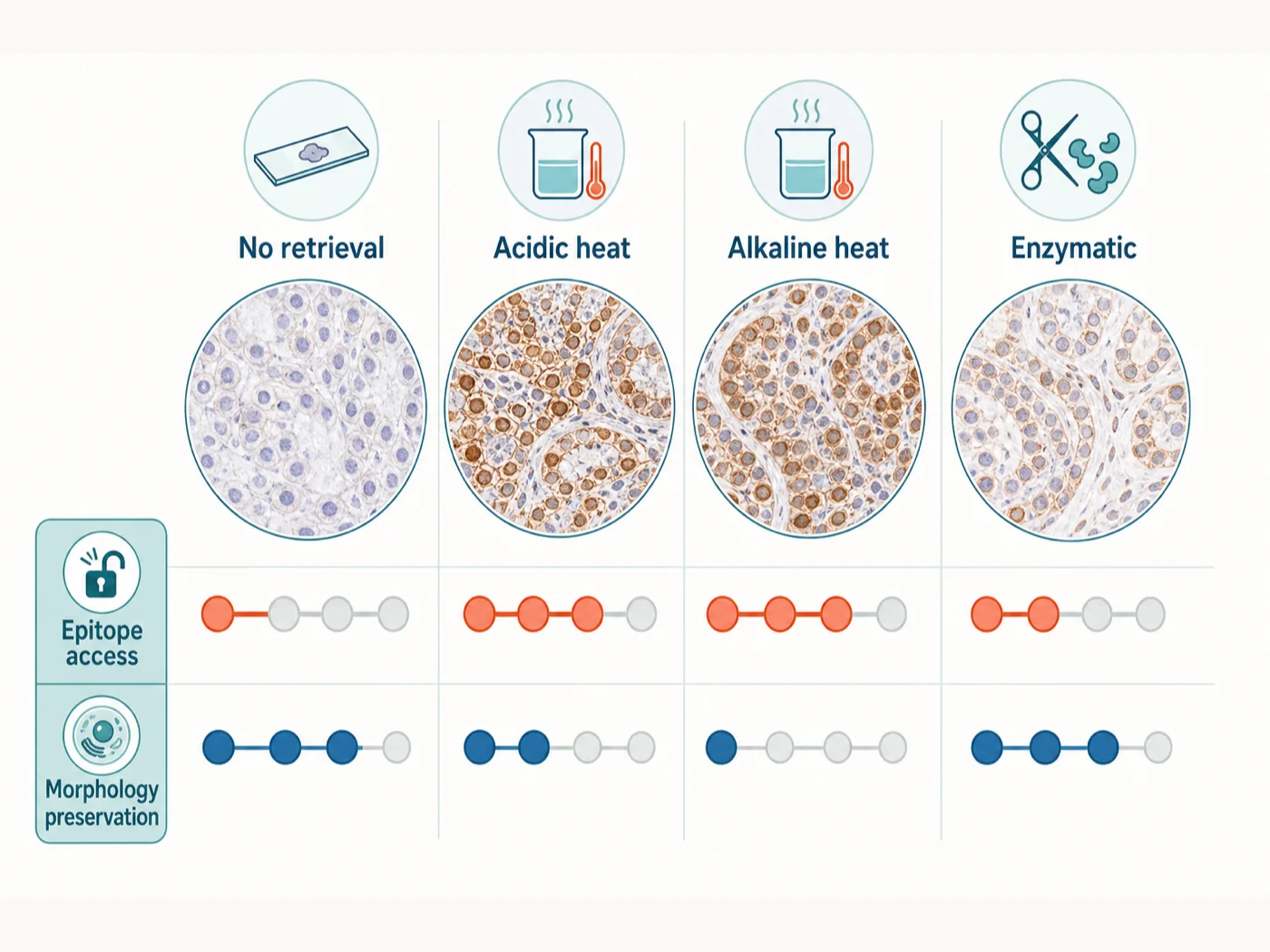 Comparison of no retrieval, acidic heat, alkaline heat, and enzymatic retrieval across epitope access and morphology preservation.