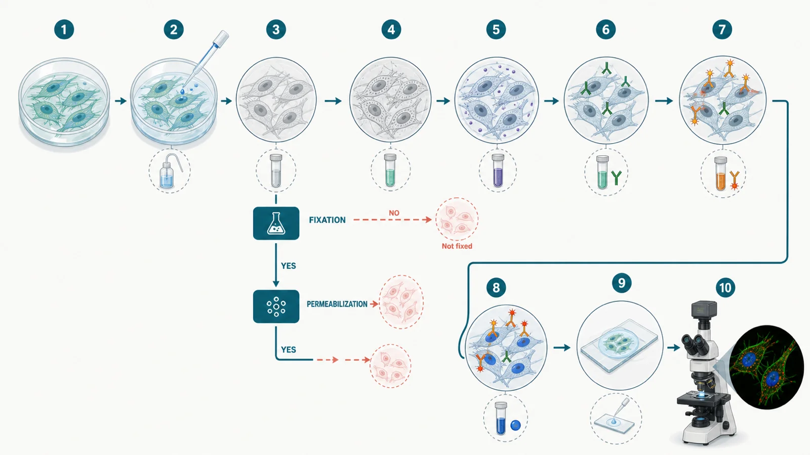 Numbered cultured-cell immunofluorescence workflow from cell inspection and washing through fixation, staining, mounting, and imaging.