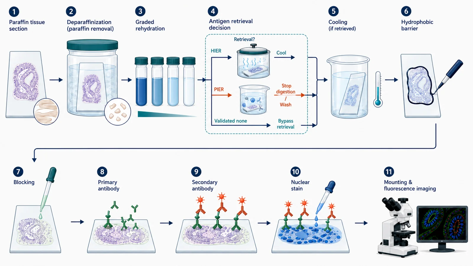 Numbered FFPE immunofluorescence workflow separating paraffin removal, rehydration, antigen retrieval, staining, mounting, and imaging.