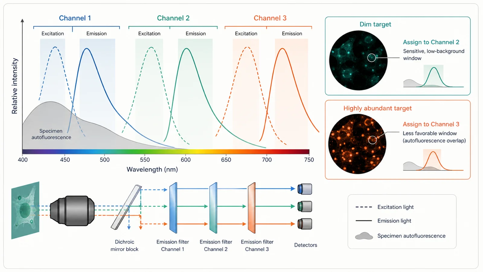Excitation and emission planning diagram with separated channels, an autofluorescence region, target-abundance assignments, filters, and detectors.
