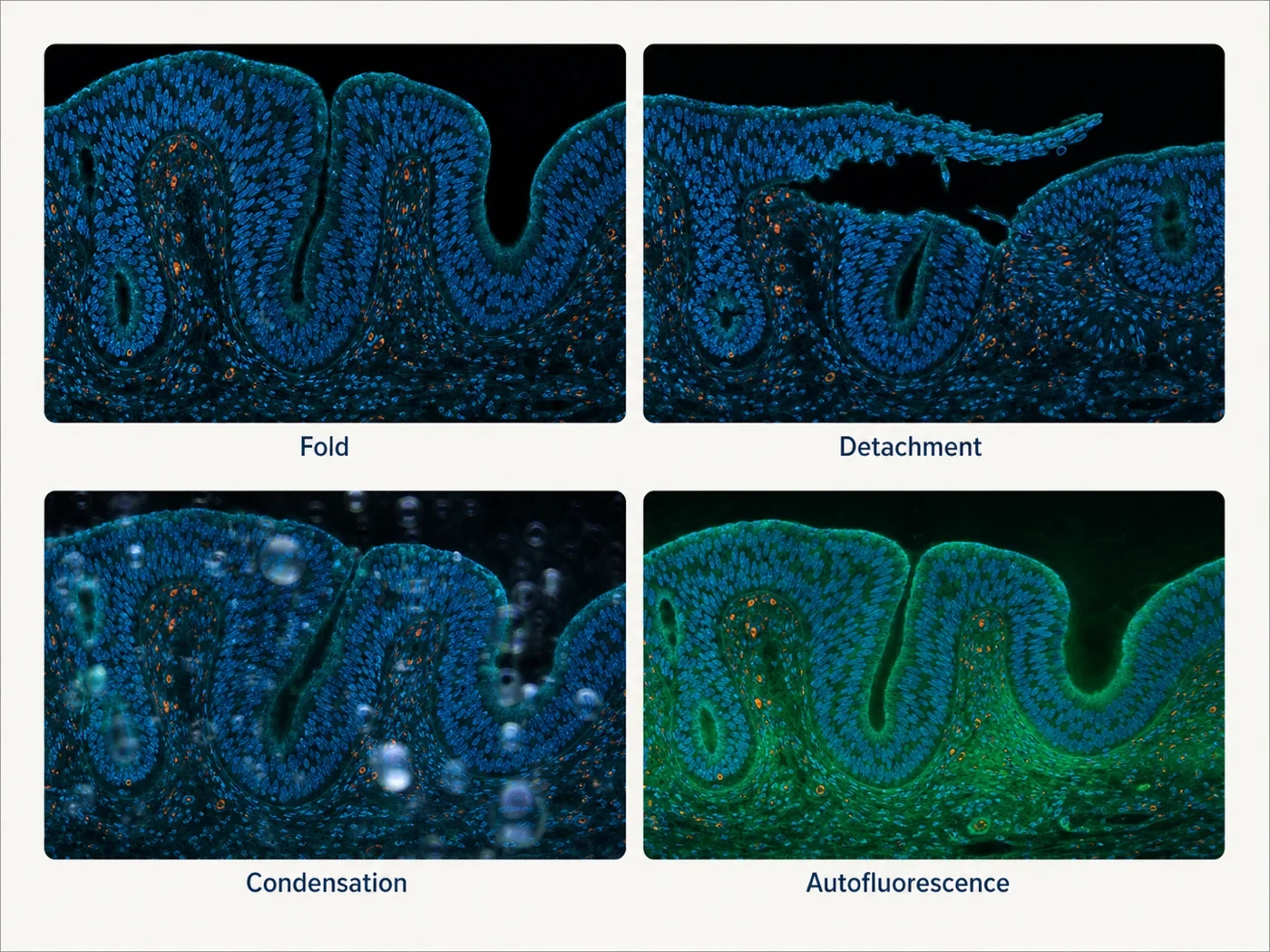 Matched frozen-tissue microscopy panels showing a fold, partial detachment, condensation artifact, and intrinsic autofluorescence.