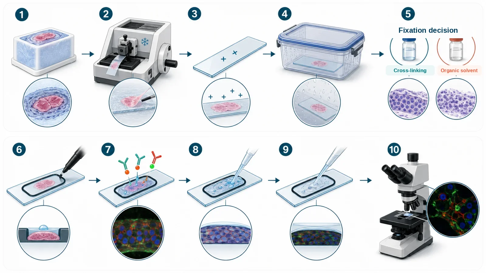 Frozen-section immunofluorescence workflow from OCT block and cryostat sectioning through slide handling, staining, mounting, and microscopy.
