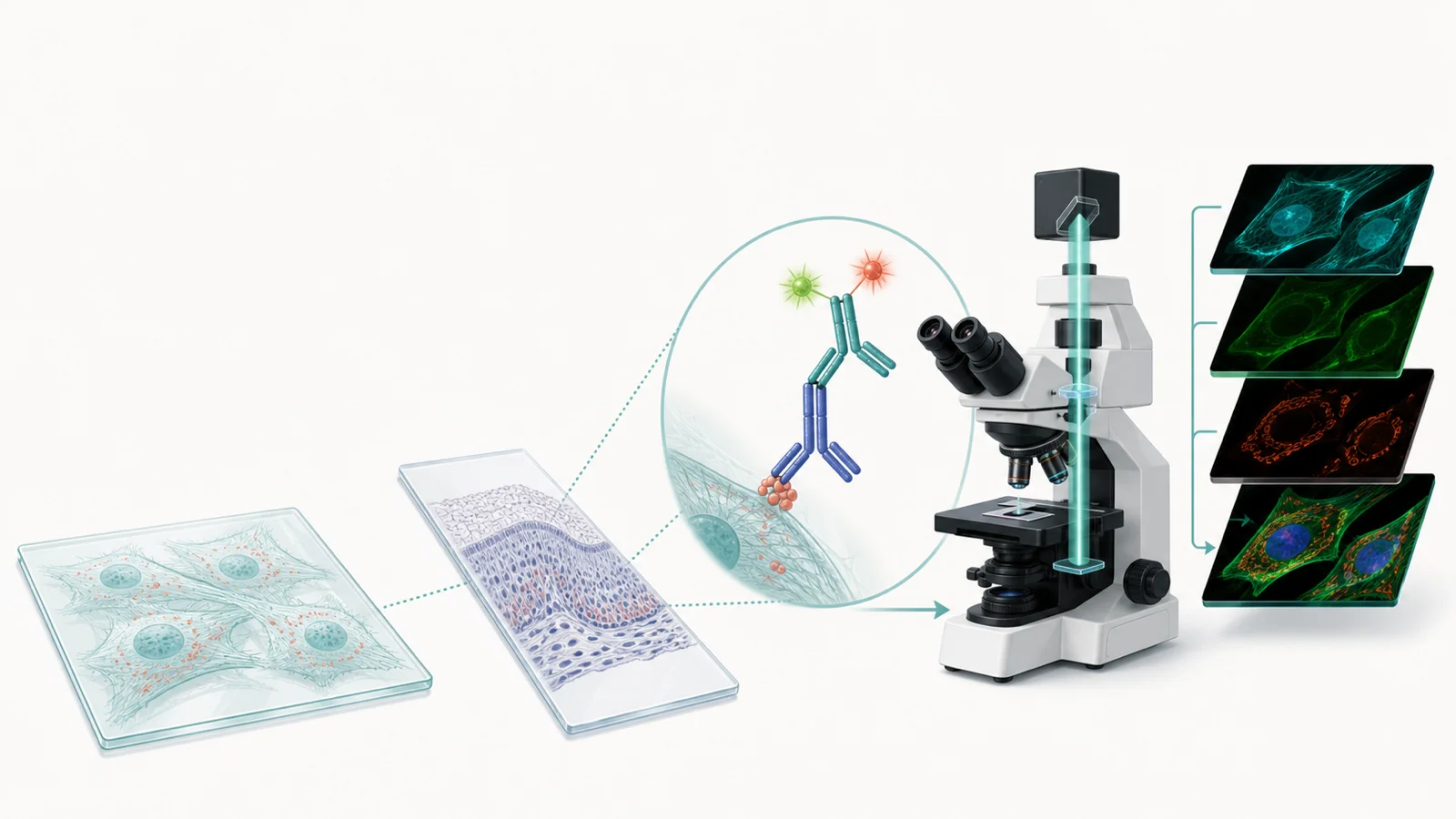 Connected immunofluorescence workflow with cultured cells, a tissue section, antibody labeling, a fluorescence microscope, and separated image channels.