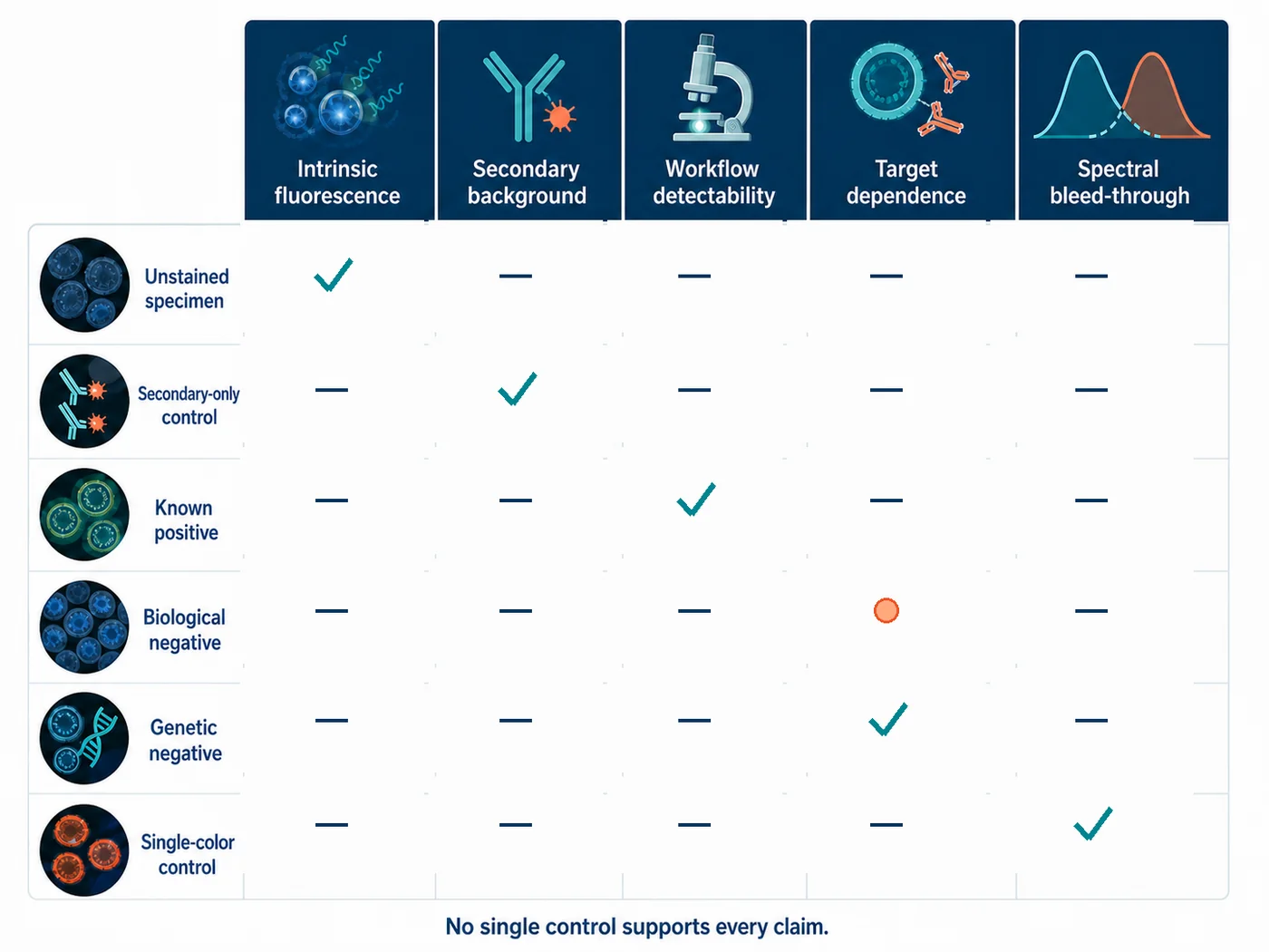 Control matrix showing which immunofluorescence controls address intrinsic fluorescence, secondary background, workflow detectability, target dependence, and bleed-through.