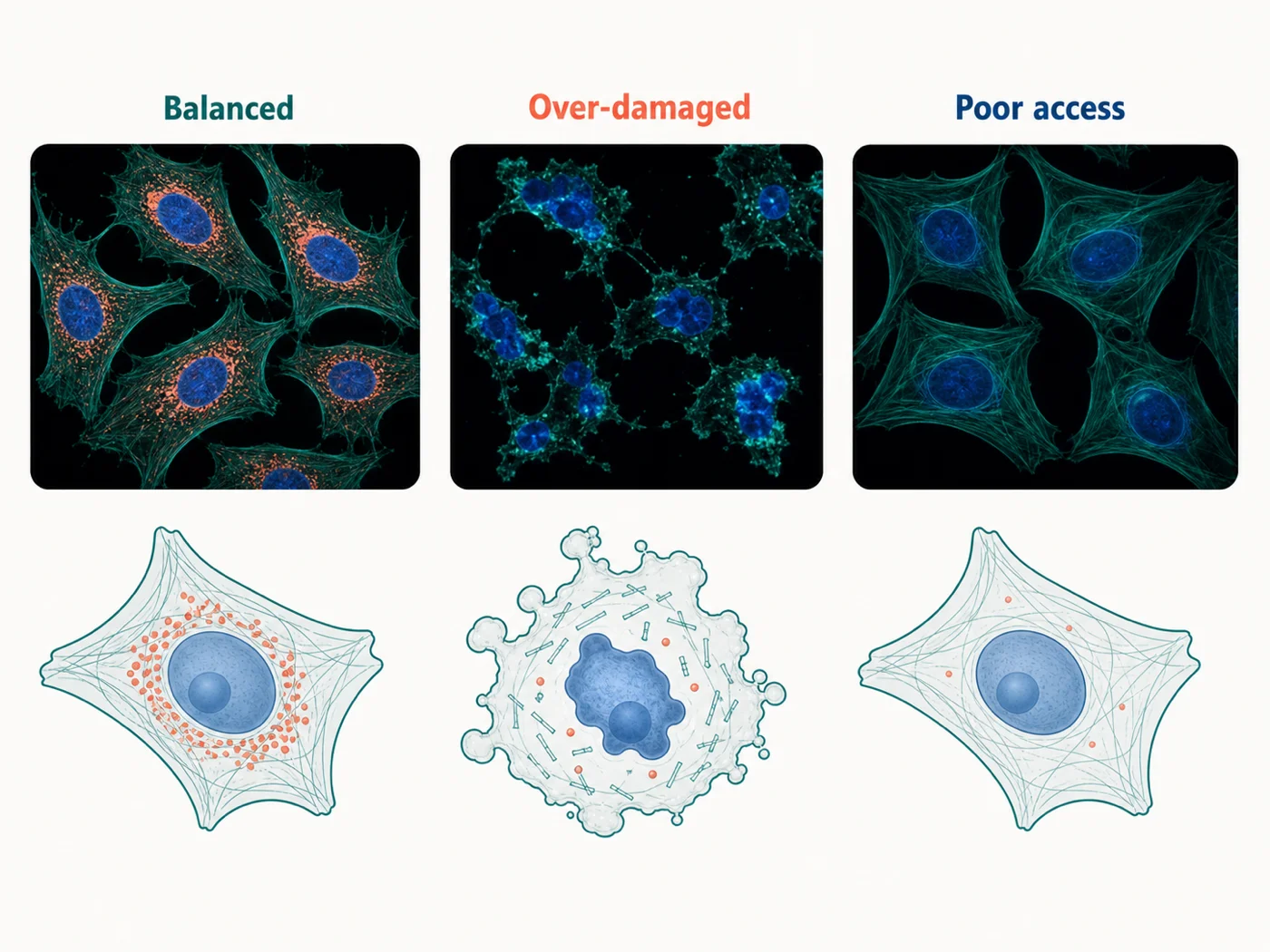 Matched cultured-cell teaching panels comparing balanced fixation, structural over-damage, and poor intracellular target access.