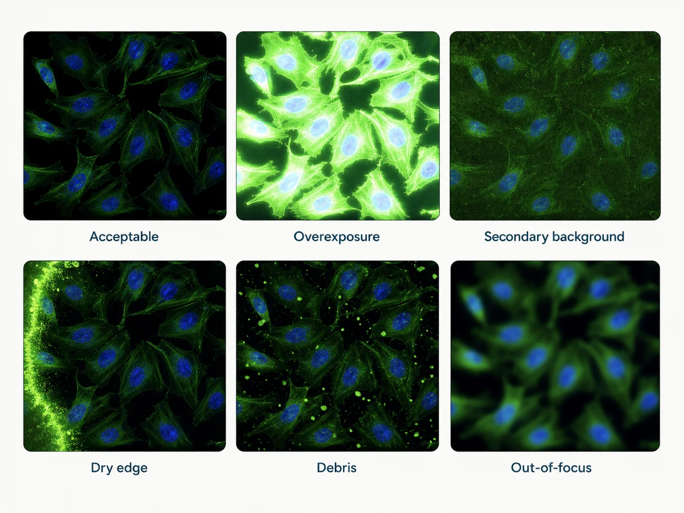 Matched fluorescence panels comparing acceptable background, overexposure, secondary background, a dry edge, debris, and out-of-focus haze.