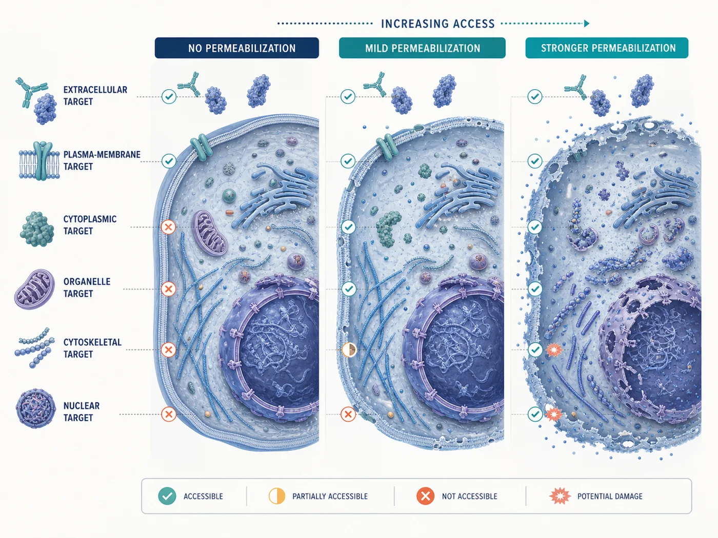 Cutaway cells comparing access to extracellular, membrane, cytoplasmic, organelle, cytoskeletal, and nuclear targets at increasing permeabilization levels.