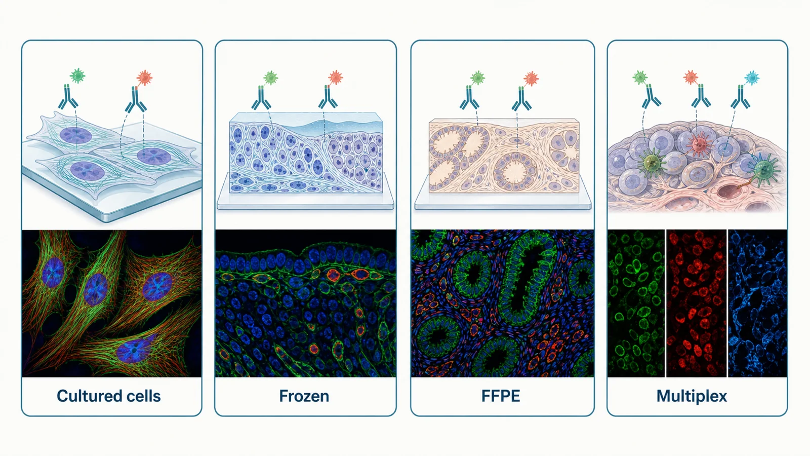 Four-panel selector comparing cultured cells, frozen tissue, FFPE tissue, and multiplex immunofluorescence.