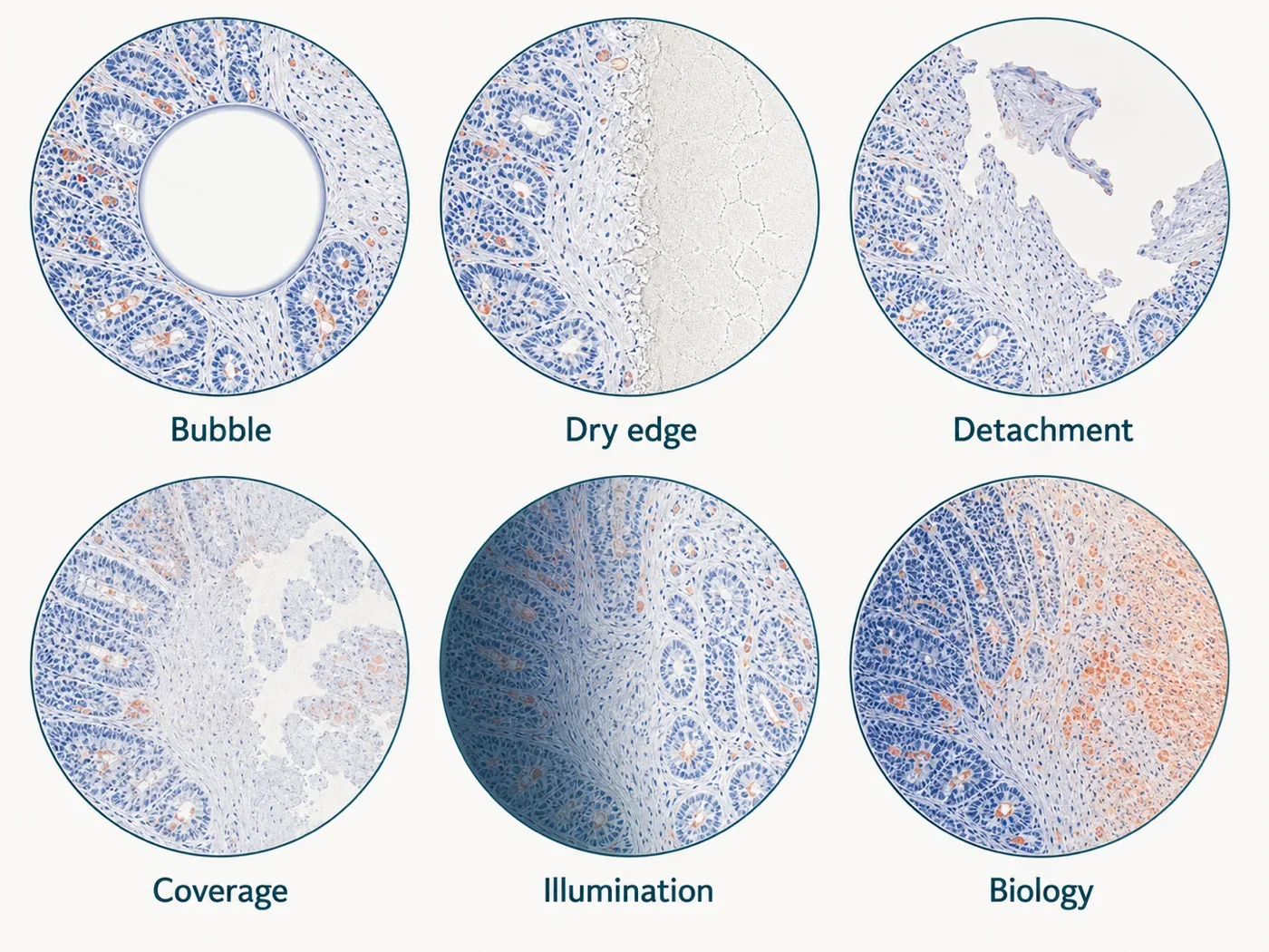 Matched tissue panels showing a bubble, dry edge, detachment, incomplete coverage, illumination gradient, and biological gradient.