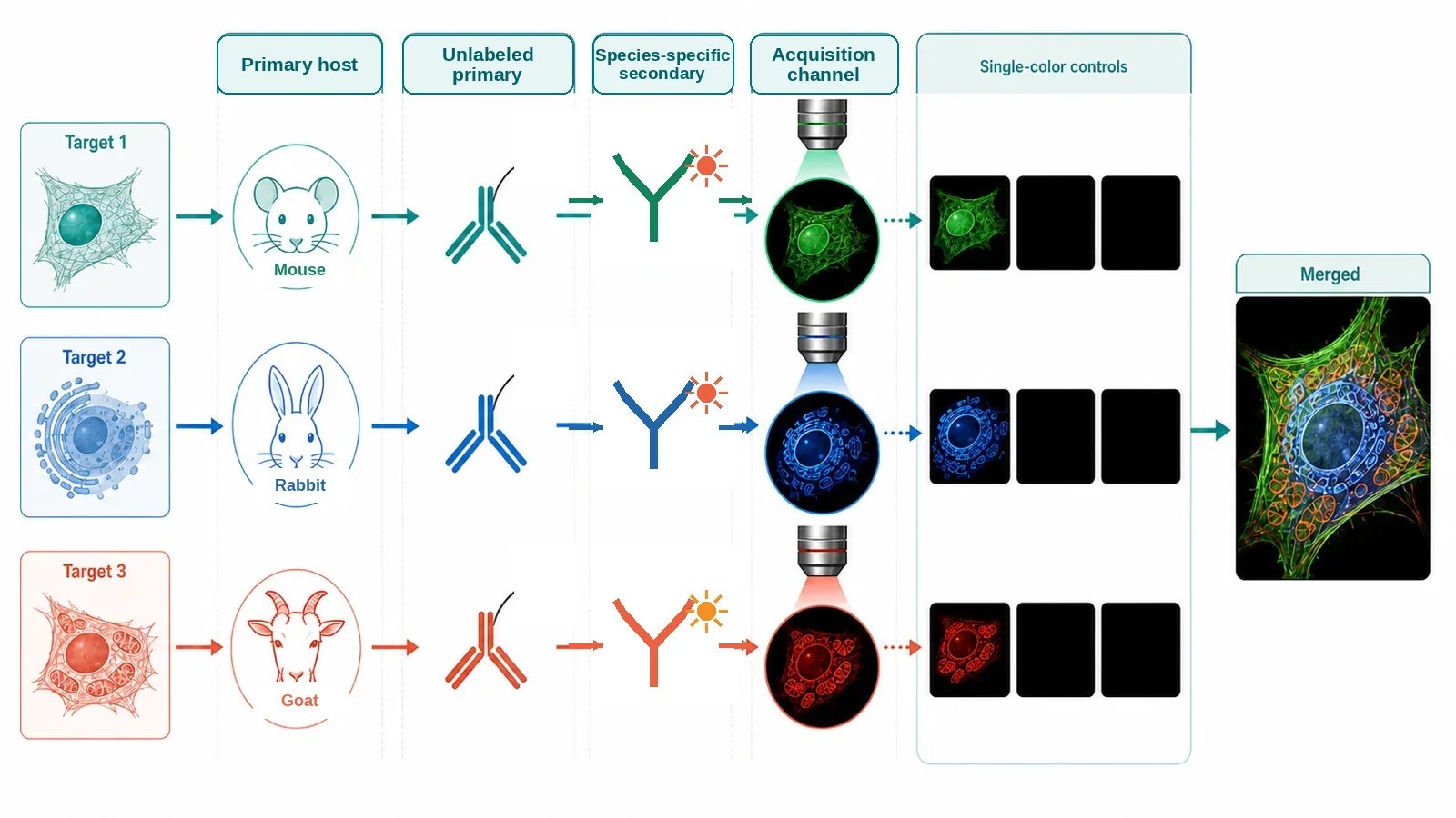 Multiplex immunofluorescence design map linking three targets to compatible antibodies, separated fluorophores, single-color controls, and a merged image.